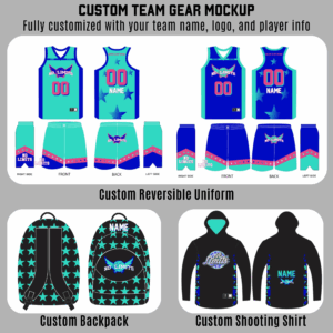 Custom basketball uniform, backpack, and shooting shirt for youth teams